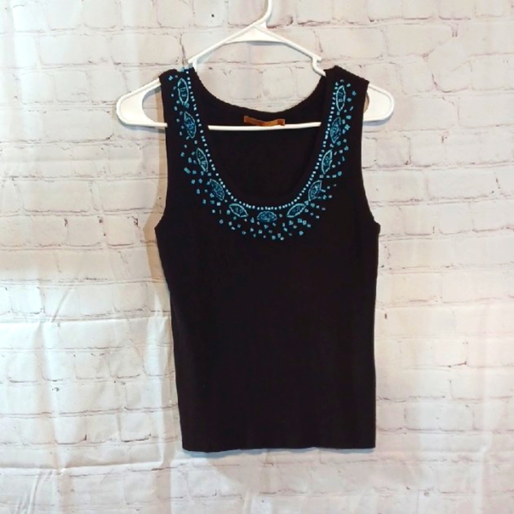Y2K Boho Brown Ribbed Beaded Embroidery  Belldini Silhouette  Tank Top  L